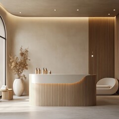 A modern reception desk in a minimalist and inviting space