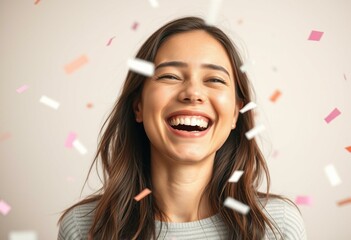 A happy female laughing in a confetti shower
