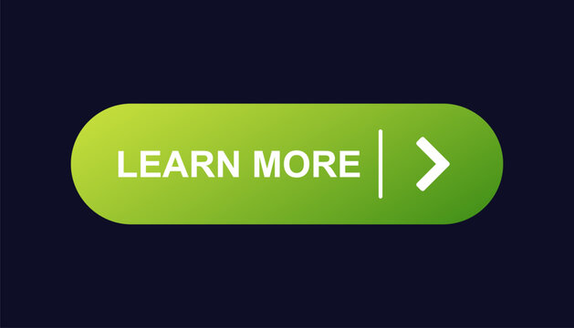 Rounded green button with learn more text and arrow symbol for user interface design.