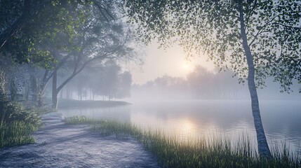 Obraz premium A serene lakeside view at sunrise, enveloped in mist and surrounded by lush greenery.