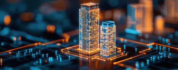 A vibrant, illuminated model of skyscrapers showcases modern architecture in a miniature cityscape.