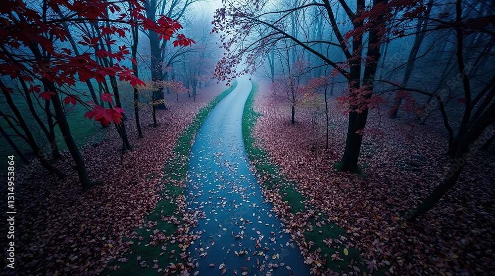 Poster a serene path meanders through a quiet forest cloaked in fog and highlighted by brilliant autumn lea