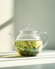 Transparent teapot with herbal tea and fresh leaves illuminated by soft sunlight