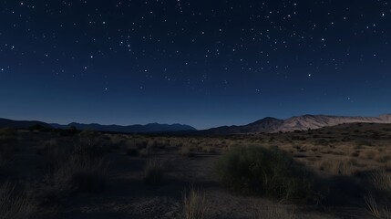 A serene night sky filled with stars over a desert landscape.