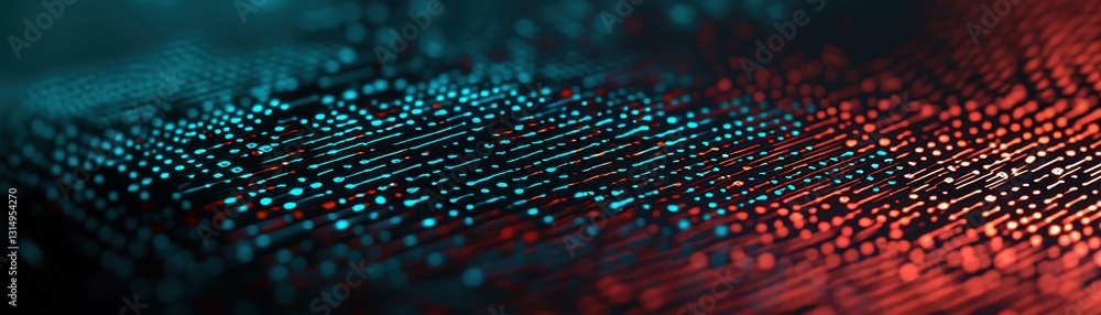 Poster a vibrant, abstract image featuring a textured surface with glowing dots in blue and red hues, creat