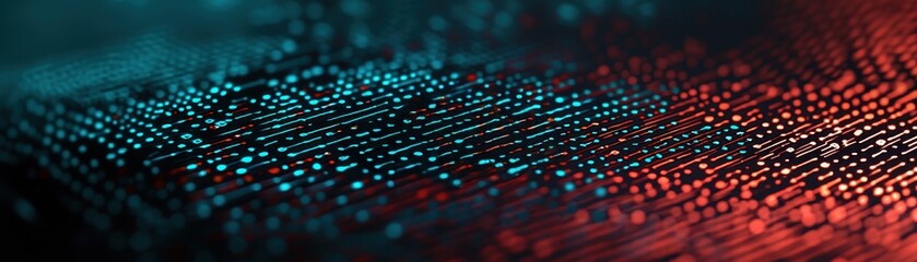 A vibrant, abstract image featuring a textured surface with glowing dots in blue and red hues, creating a visually captivating effect.