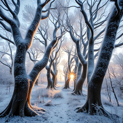 A surreal view of upturned trees blanketed by white frost capturing natures enchanting beauty during a cold winter morning