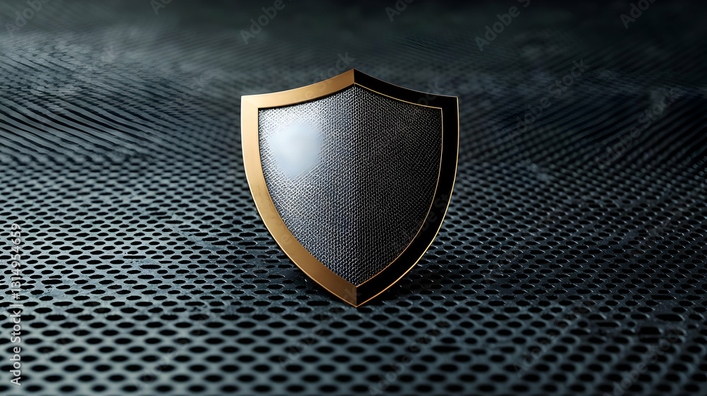Poster metallic shield with gold border on dark textured background symbolizing security and protection in 