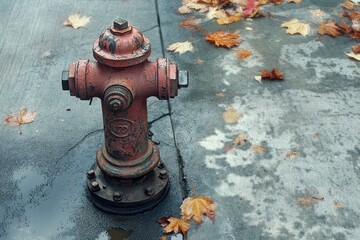 Fototapeta premium A weathered fire hydrant surrounded by autumn leaves on pavement