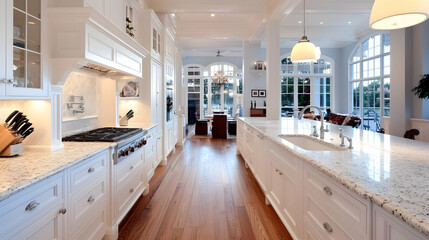 Luxurious white kitchen with granite countertops, hardwood floors, and large windows overlooking outdoor patio. Interior design, spacious, modern, perfect for showcasing high-end homes