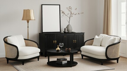 Elegant Living Room Interior with Armchairs, Cabinet, and Decorative Elements