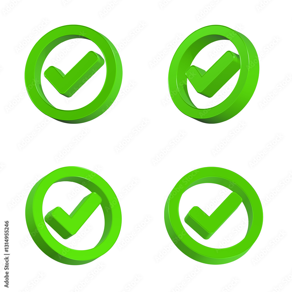 Aufkleber check mark icon 3d green color rendering button