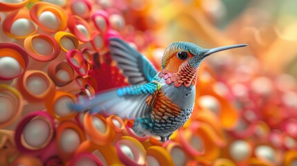 Fototapeta premium Vibrant hummingbird amidst colorful abstract floral backdrop. A stunning display of nature's artistry.
