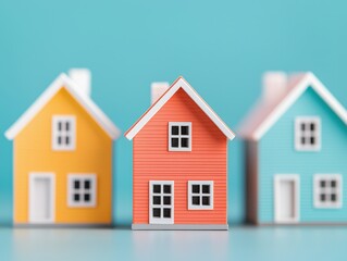 A collection of colorful miniature houses on a light blue background, representing home and real estate concepts.