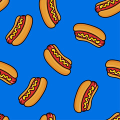 bright pattern of hot dogs with mustard and ketchup on blue background. Perfect for themes of food, casual dining, summer, and barbecue party designs.
