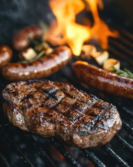Sizzling steak and sausages on a hot grill with flames rising creating a delicious barbecue feast