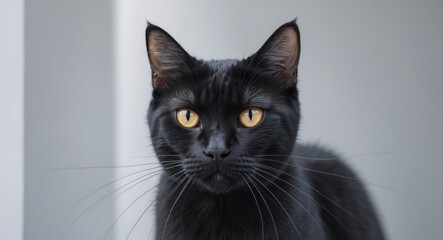 Obraz premium Black cat staring with intense golden eyes and long whiskers