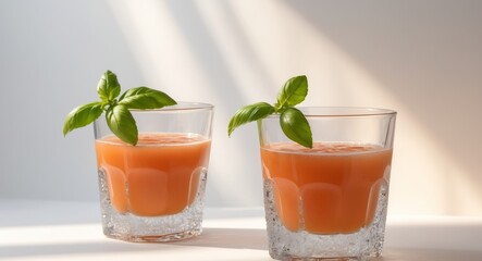 Fototapeta premium Refreshing Tomato Juice Glasses with Basil Garnish.
