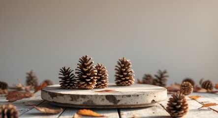 Pine cone arrangement on wooden table with additional pine cones and natural elements in background