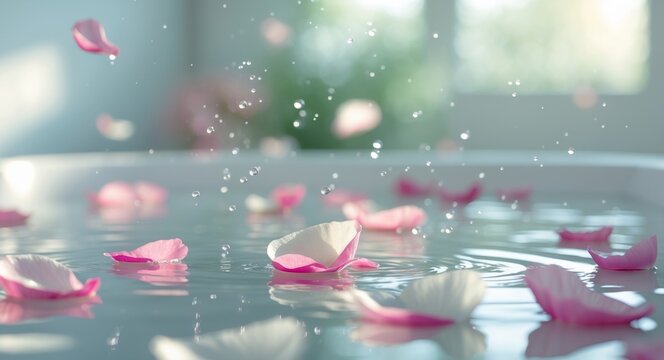 Relaxing bath with pink and white petals in tranquil setting.