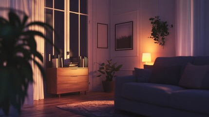 Cozy Living Room Interior with Soft Lighting and Modern Furniture