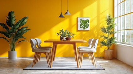 Fototapeta premium A bright and inviting dining area features a wooden table surrounded by soft chairs, with lush green plants and cheerful yellow walls that radiate warmth, perfect for gatherings