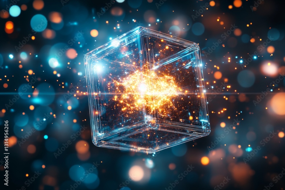 Aufkleber abstract glass cube with sparkling stars and bokeh background