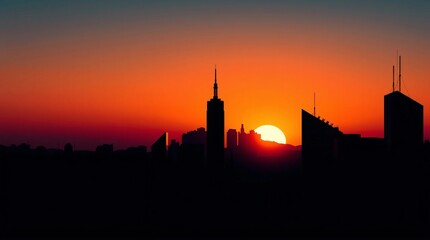 Naklejka premium Geometric Cityscape Silhouette at Sunset - Vector Art with Indigo and Orange Hues