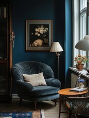 A dark blue armchair in a comfortable and warm room