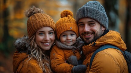 A joyful family enjoys a sunny day outdoors in a forested area.