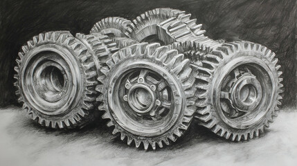 Charcoal drawing of interlocked gears suggests industrial processes, teamwork, movement, and engineering solutions; with an emphasis on collaboration
