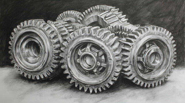 Charcoal drawing of interlocked gears suggests industrial processes, teamwork, movement, and engineering solutions; with an emphasis on collaboration