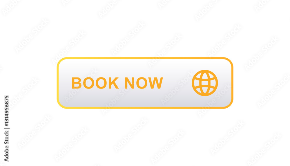 Poster yellow text and globe icon on a booking button. click to make a reservation online quickly.