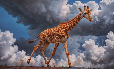Giraffe is walking through a cloudy sky. The clouds are dark and ominous, creating a mood of foreboding. The giraffe is the focal point of the image, drawing the viewer's attention to its long neck