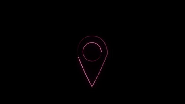 4k glowing neon location icon animation on black background.