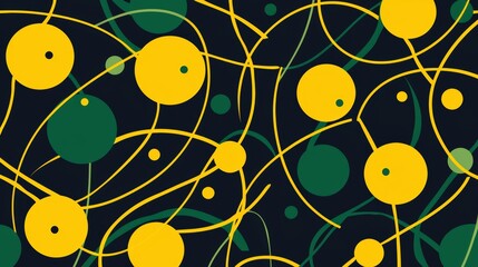 A vibrant abstract design featuring intertwined lines and colorful circles in yellow and green against a dark background.
