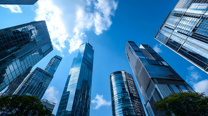 Obraz premium Low Angle View Of Modern Skyscrapers In A City Center With Glass Facades Against A Blue Sky With Clouds