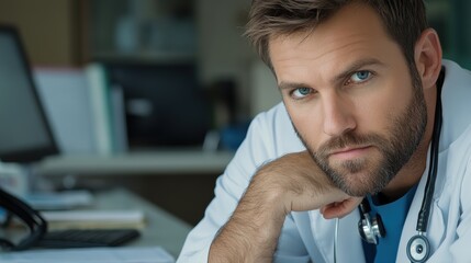 A focused male doctor in a white coat is contemplating at his desk, surrounded by a medical office environment, This image can be used for healthcare articles, promotional materials, or medical blogs
