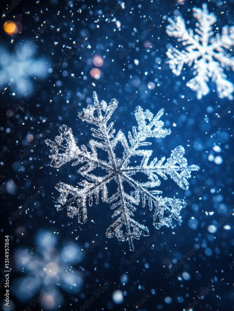 Aufkleber captivating winter scene of shimmering snowflakes falling against a deep blue background creating a 