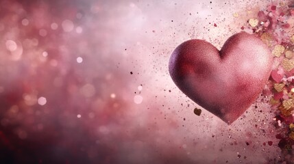 Obraz premium A glittering heart floats against a dreamy pink background, surrounded by sparkling particles and small heart shapes, ideal for romantic themes, invitations, or social media graphics,