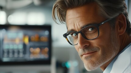 A confident professional man in glasses gazes intently at a screen displaying data, Ideal for business, technology, or workplace themes