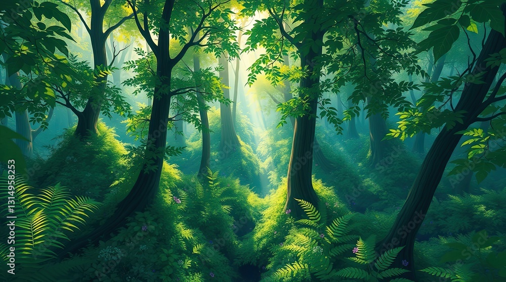 Poster explore the enchanting setting of a lush forest where sunlight filters through vibrant green trees i