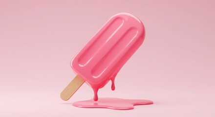 Melting pink popsicle on wooden stick against pastel background