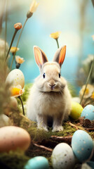 Fototapeta premium Vertical. Fluffy bunny sitting in natural setting surrounded by colorful Easter eggs and delicate spring flowers. Soft pastel tones and warm sunlight create dreamy holiday atmosphere. Easter themes