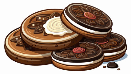 Delicious Oreo biscuits with chocolate and cream on white background
