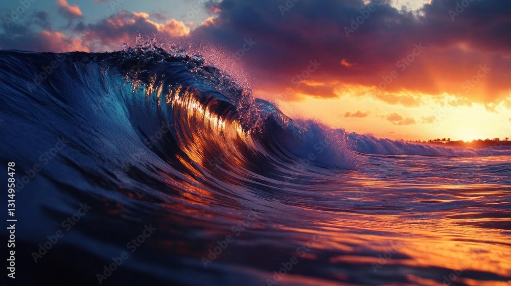 Poster golden light dances on the surface as powerful waves crash gently against the shoreline during a pic