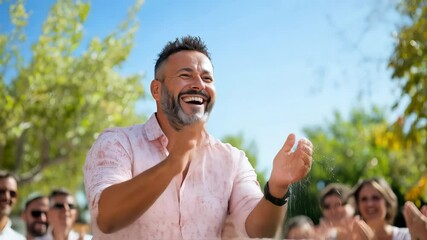 Excited Caucasian man opening sparkling wine at an outdoor festival; crowd cheering in background