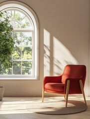 A red armchair sits next to a window in a room