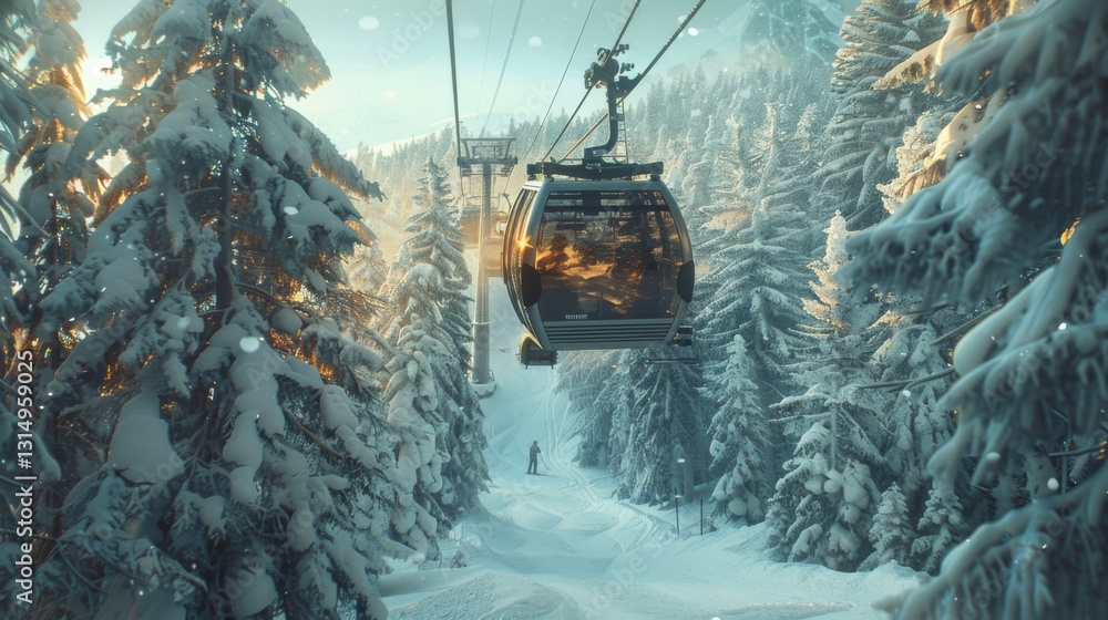 Poster a gondola glides through a snowy forest, surrounded by tall evergreen trees. sunlight filters throug