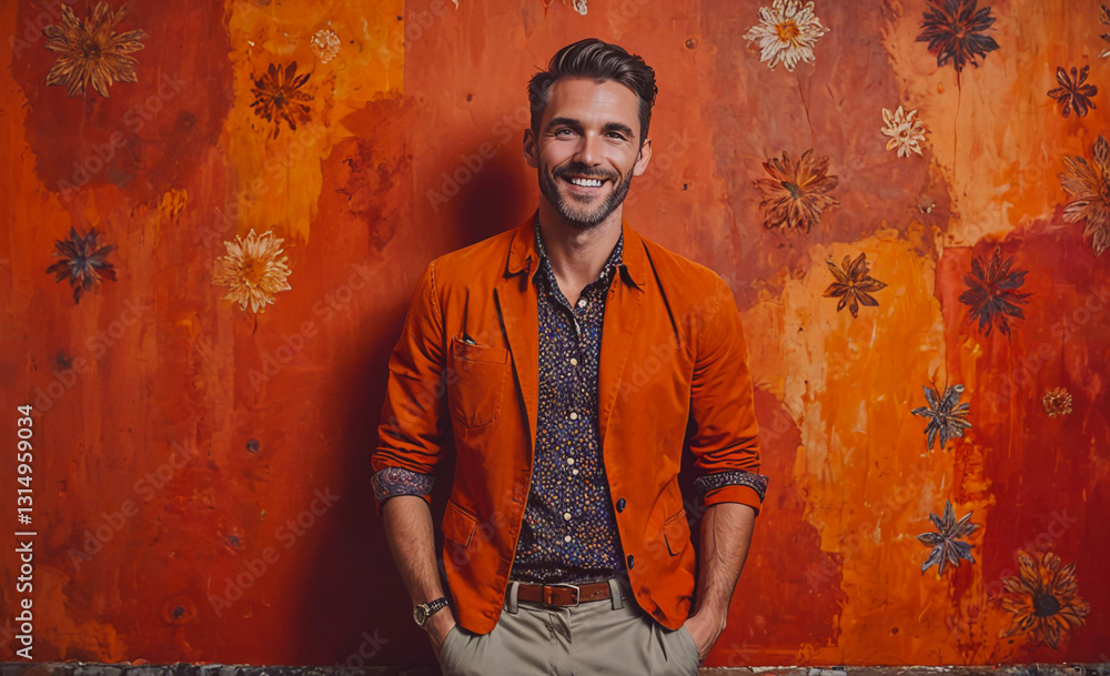 Poster man in an orange jacket and shirt is smiling for the camera. the orange wall behind him adds a warm 